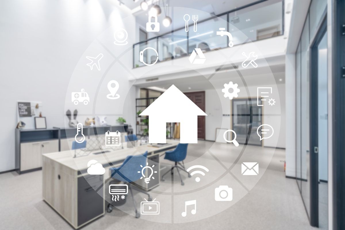 Circular futuristic interface of smart home automation assistant on a virtual screen and a user touching a button